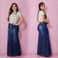 Denim Skirts Women Casual Front Button A-Line  Long Jean Vintage Long Skirt Summer Flare Denim Skirts