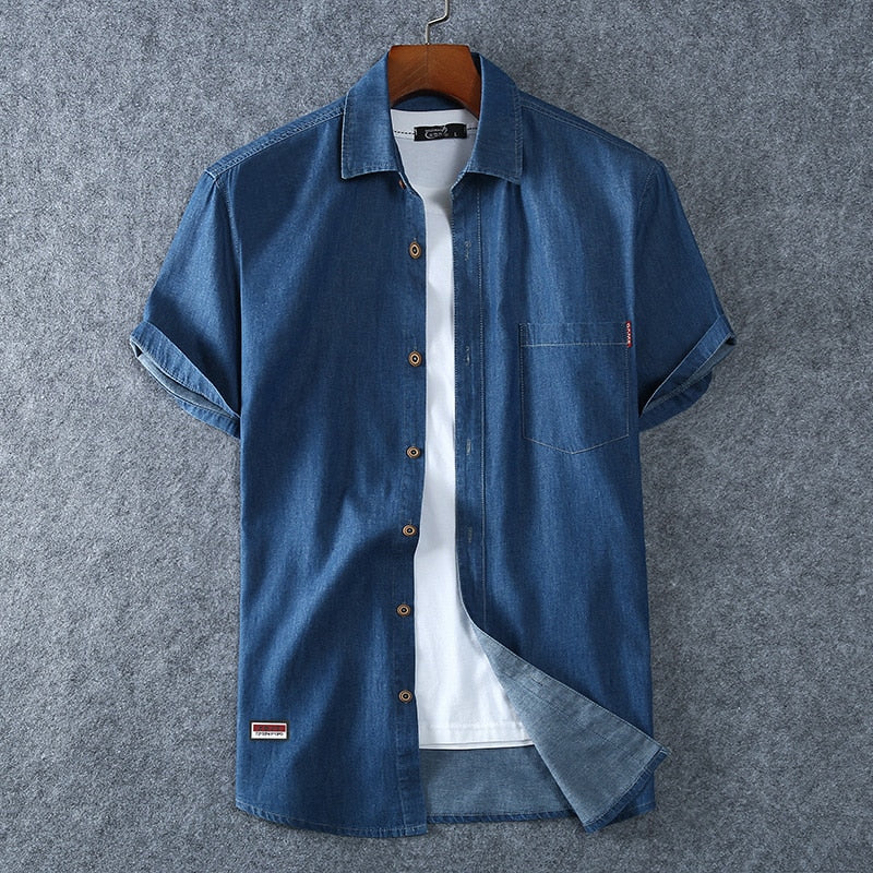 Men&#39;s Blue Denim Shirts Short Sleeve Jean Shirts