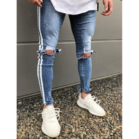 Skinny Jeans Men Hip Hop Stripe Elastic Slim Fit Denim Pants Male Stretchy Pencil Bottoms street Knee Ripped Holes Jeans