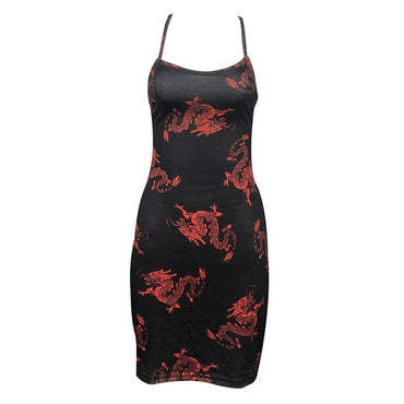 2021 Sexy Women Summer Skirt, Dragon Printing Spaghetti Strap Backless Cross Straps Sheath Dress