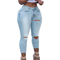 2023 Sexy New Plus Size Sexy Blue Hollow Denim Club Women's High Waist Denim Cropped Pants