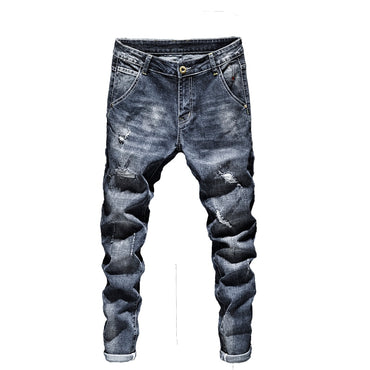 Biker Jeans Men Dark Blue Stretch Slim Fit Ripped Distressed Streetwear Denim Pants