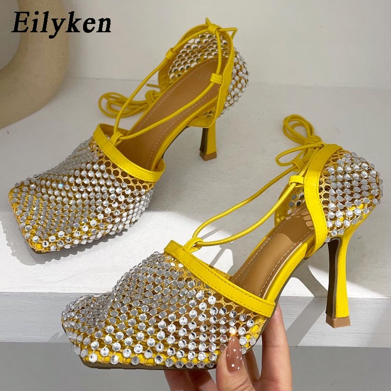 Eilyken Green Yellow Crystal Women Pumps Square Toe Fishnet Hollow Ankle Cross-Tied High Heel Rhinestone Sandals Lady Dress Shoe