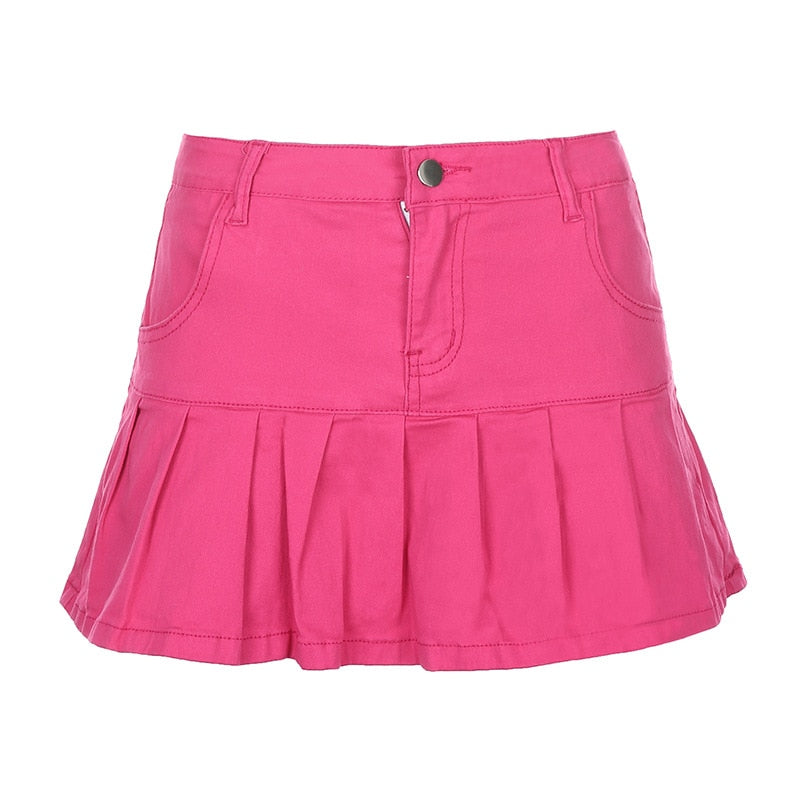 Sexy y2k Pink Denim Pleated Skirts Mini Solid Casual Woman Fashion Korean Style High Waist Skirt