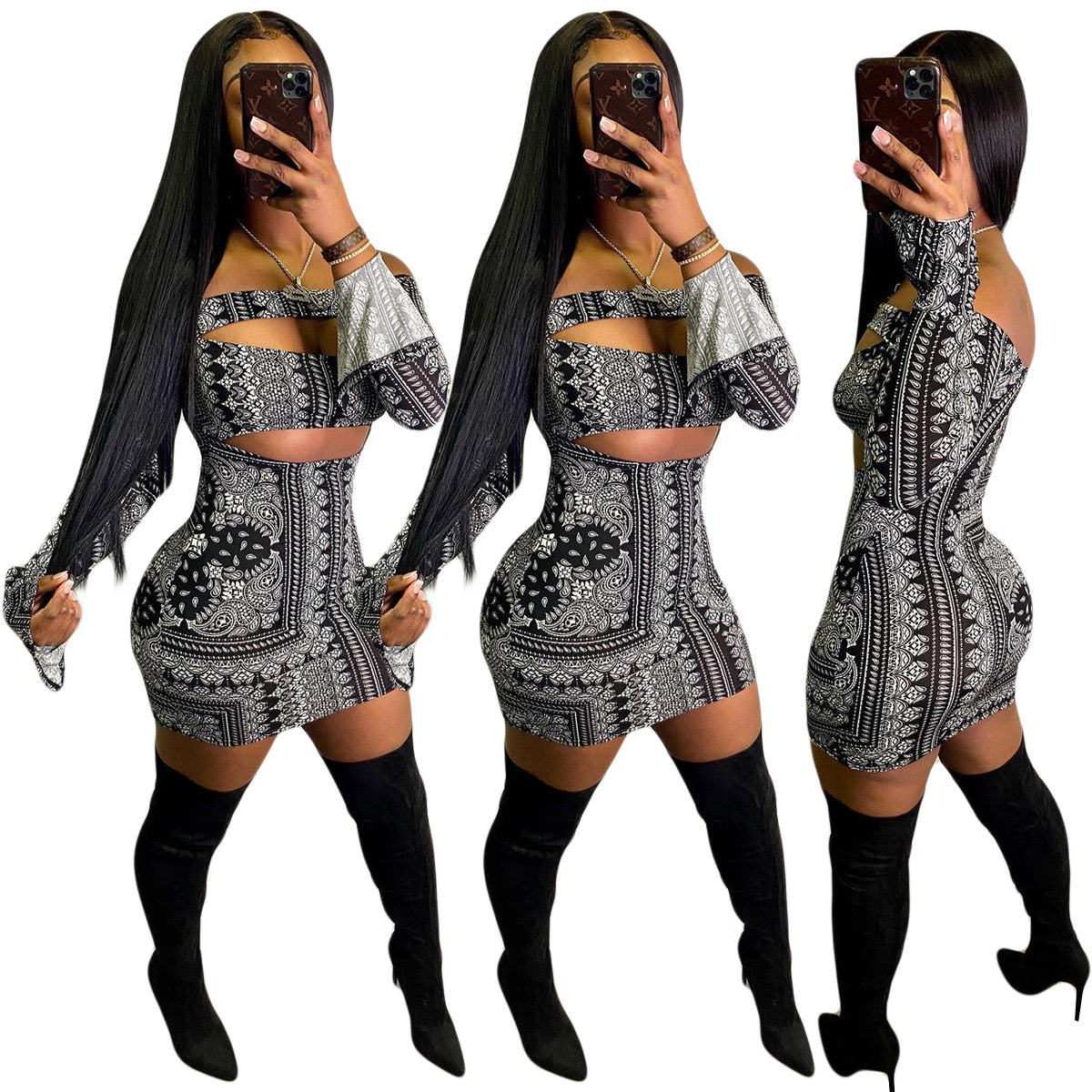 2021 Spring Sexy Women Clothing Hollow Out Bandana Flared Sleeves Slash Neck Printed Mini Club Dresses Lady
