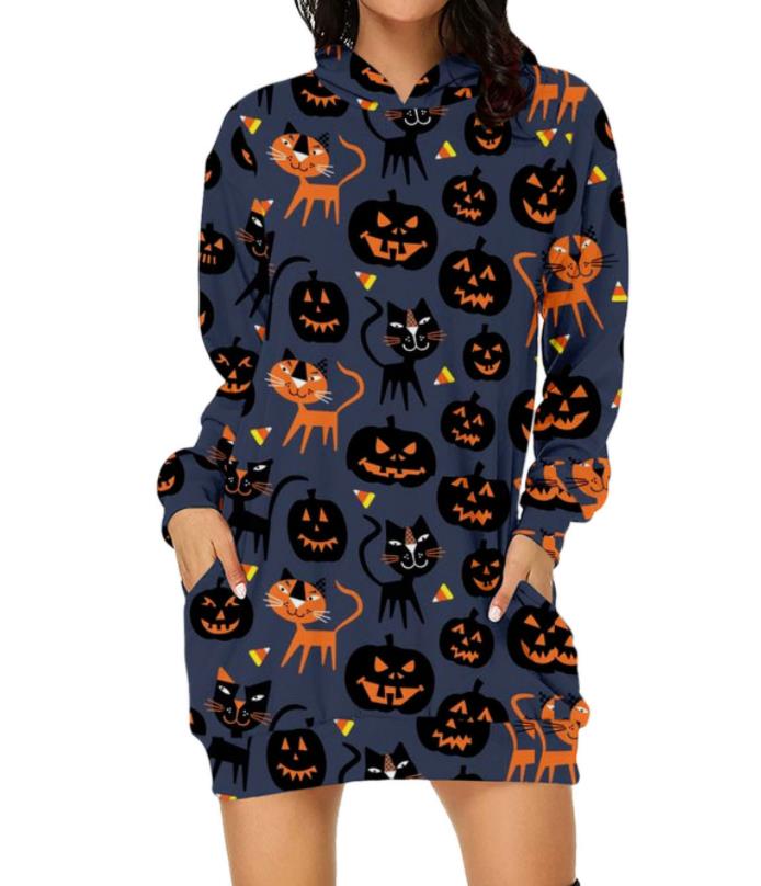 Women Casual Long Sleeve Short Dress Fashion Halloween Printed Hooded Dresses Pocket Spring Autumn