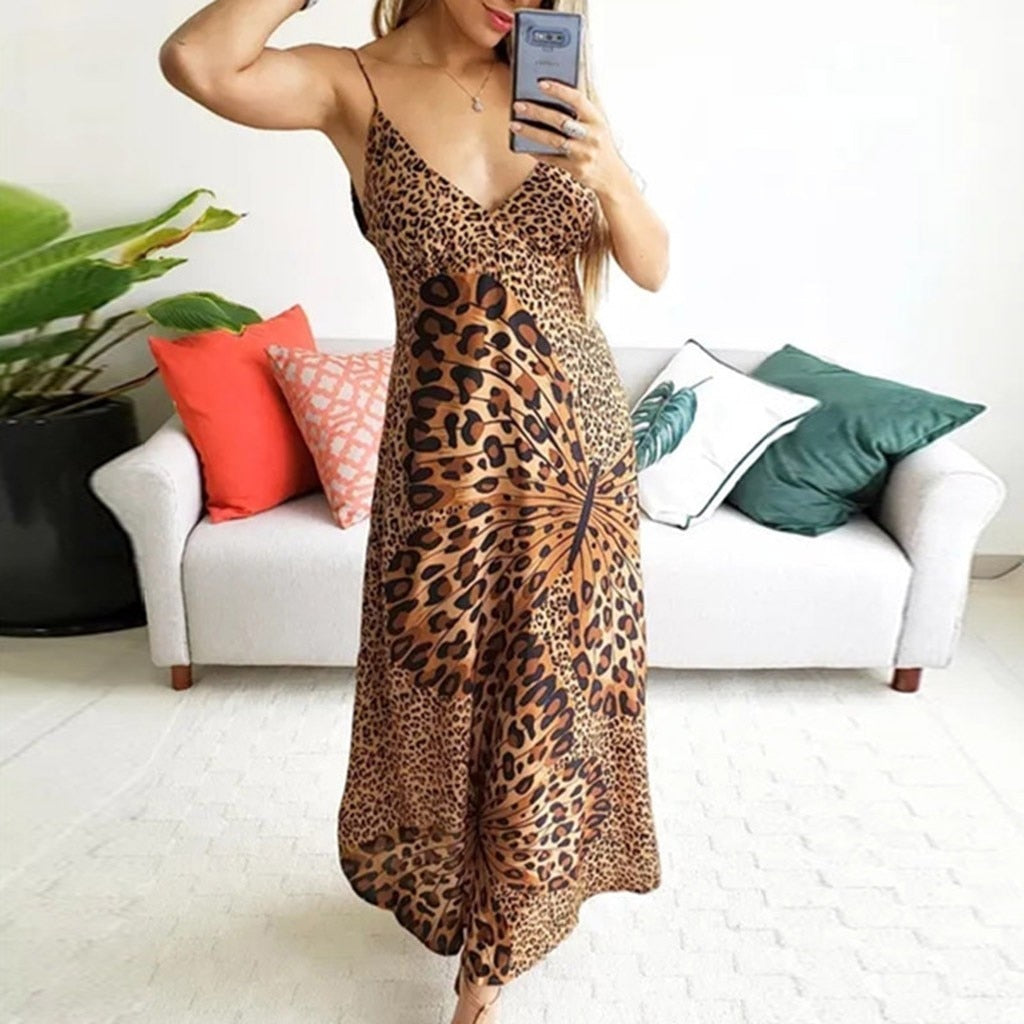 Sexy Dress Women Deep Deep V Leopard Butterfly Wrap Sling Sleeveless Nightclub Beach Dress Long Dress Beach Casual Print Dresses