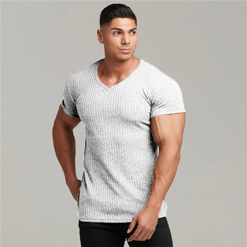 Men V Neck Short Sleeve T Shirt Fitness Slim Fit Sports Strips T-shirt Male Solid Fashion Tees Tops Summer Knitted Gym Clothing