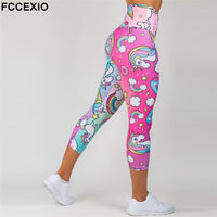 FCCEXIO New Style Fashion Elastic Force Fitness Women Leggings Workout Pants Sporting Skinny Leggings Rainbow Unicorn Leggins