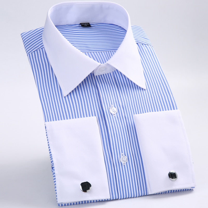 Men&#39;s Classic French Cuffs Striped Dress Shirt Single Patch Pocket Standard-fit Long Sleeve Wedding Shirts (Cufflink Included)