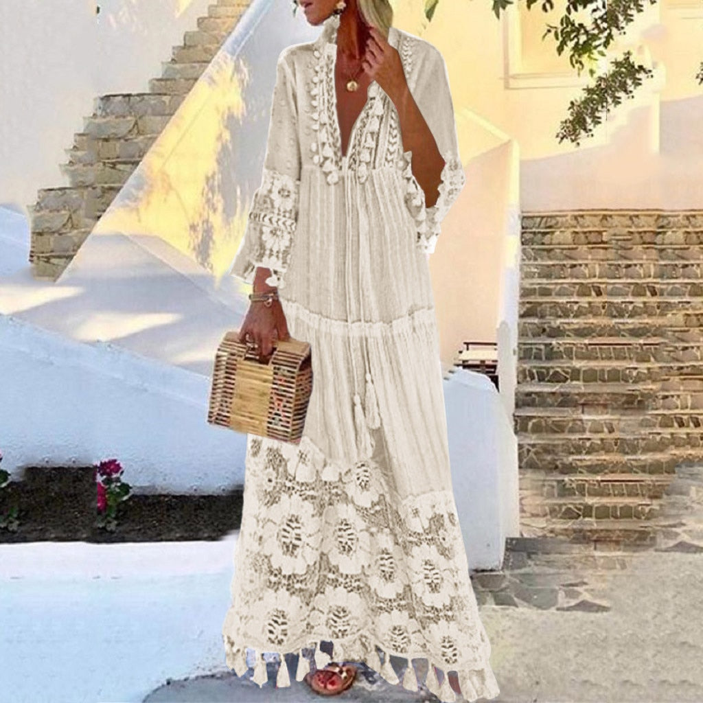 New Bohemian Women Lace Tassel Dress 2023 Summer Sexy V Neck Solid Short Sleeve Maxi Long Beach Party Dresses Oversized Vestidos