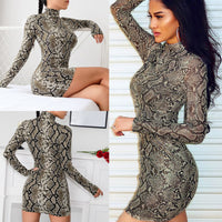 New Summer Fashion Sexy Dresses Women Snake Print Bodycon Long Sleeve Evening Party Club Mini Short Dress