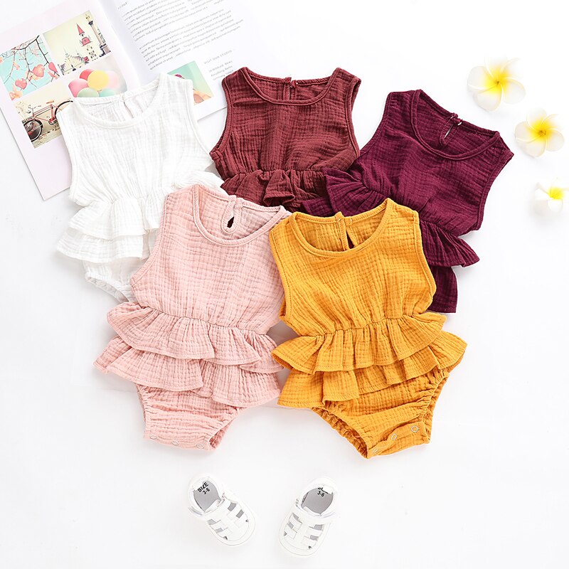 US Stock Cute Newborn Kid Baby Girl Clothes Sleeveless Bodysuit Dress Cotton&amp;Linen 1PC Outfit