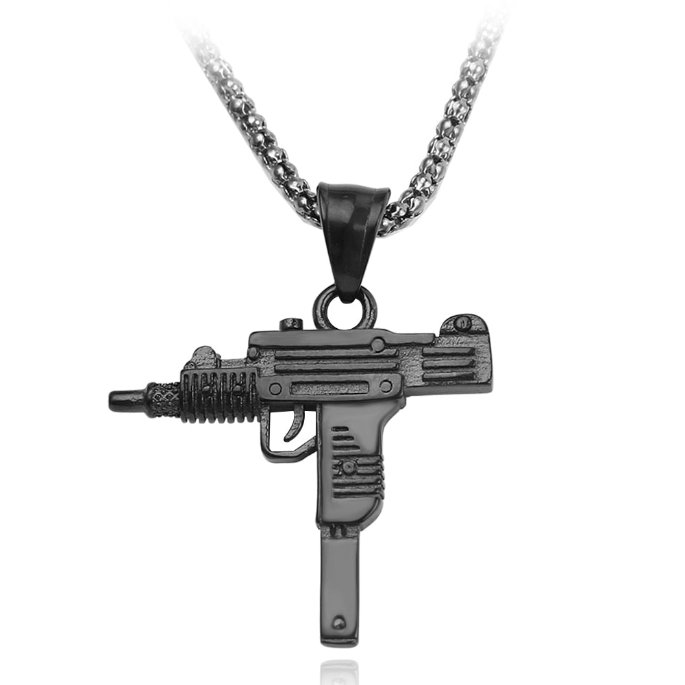 Cool Gothic Hip Hop UZI Kolye GUN Shape Pendant Necklace Gold Black Silver Color Army Style Male Chain Men Necklaces  Jewelry