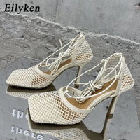 Eilyken 2023 New Sexy Mesh Pumps Sandals Female Square Toe High Heel Lace Up Cross-Tied Stiletto Hollow Dress Shoes