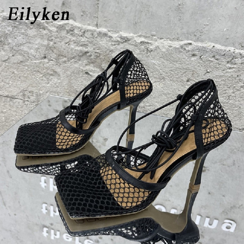 Eilyken Green Yellow Crystal Women Pumps Square Toe Fishnet Hollow Ankle Cross-Tied High Heel Rhinestone Sandals Lady Dress Shoe