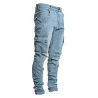 Summer Men Jeans Solid Color Multi Pockets Denim Mid Waist Stretchy Skinny Jeans Plus Size Fahsion Trousers Daily Wear