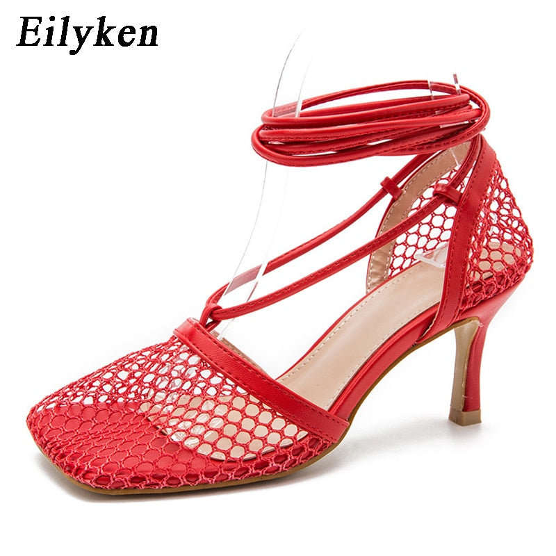 Eilyken Summer Autumn Sexy Mesh Pumps Sandals Female Square Toe High Heel Lace Up Cross-tied Stiletto Hollow Dress Stripper Shoe