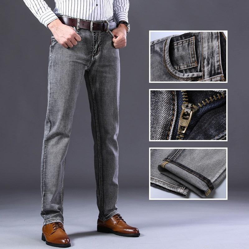 2021 New Classic Style Mens Grey Jeans Business Fashion Soft Stretch Denim Trousers Male Brand Fit Pants Black Blue