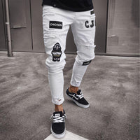 Men&#39;s Painted Skinny Slim Fit Straight Ripped Distressed Pleated Knee Patch Denim Pants Stretch Jeans