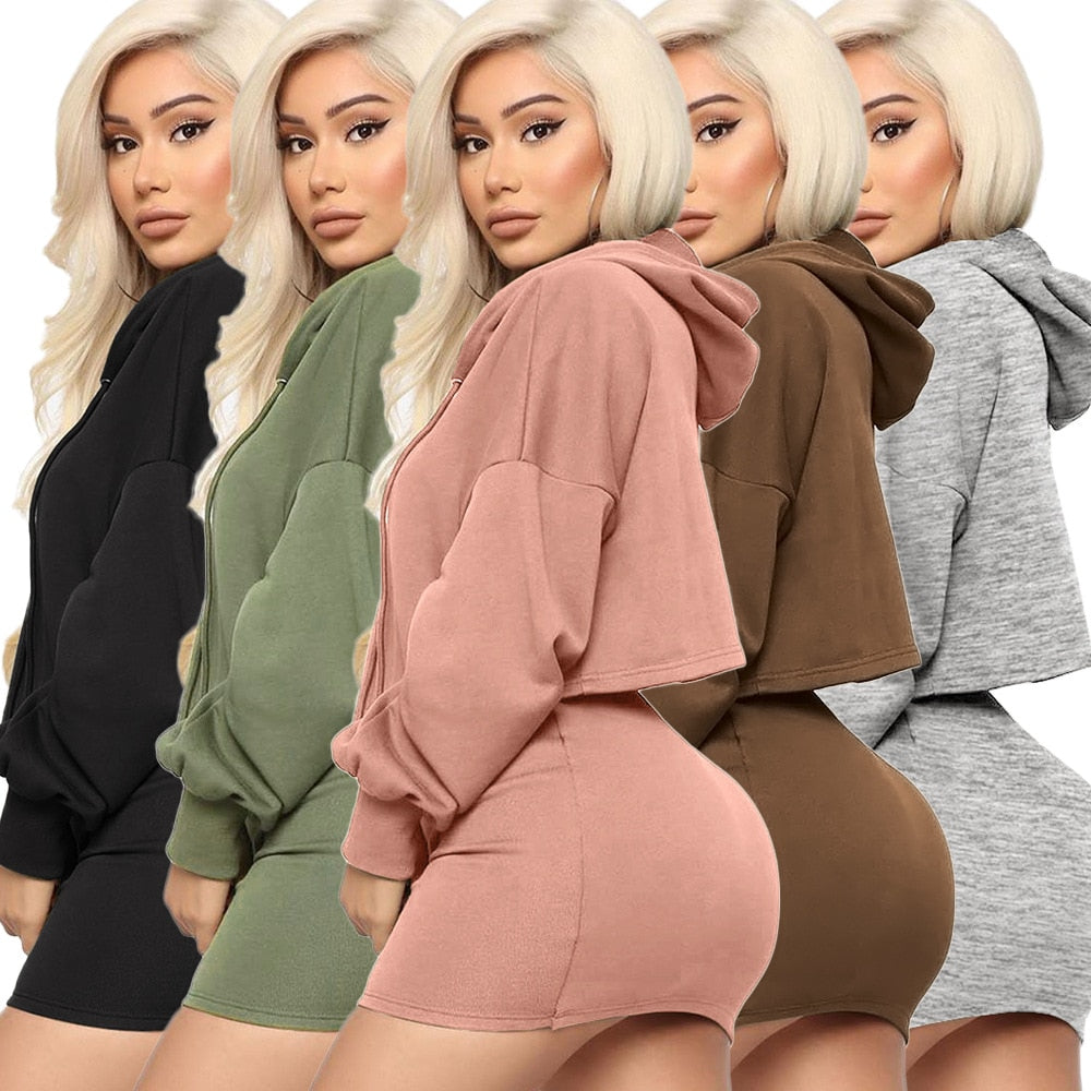 Sexy Women Hooded Skirt Two Piece Set Sweater Top +Mini Dress Tracksuit