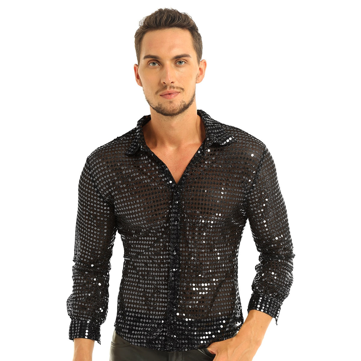 mens black sequin dress shirt Mens Black Sequin Shirt, Iridescent Glitter Top for Parties