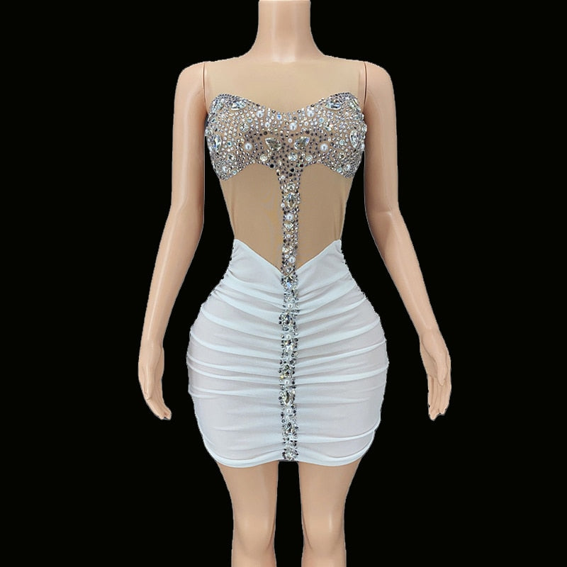 Women Sexy Stage Sleeveless Mesh Crystals Rhinstones Transparent Short Mini Dress Evening Birthday Wedding Stretch Dance Dress