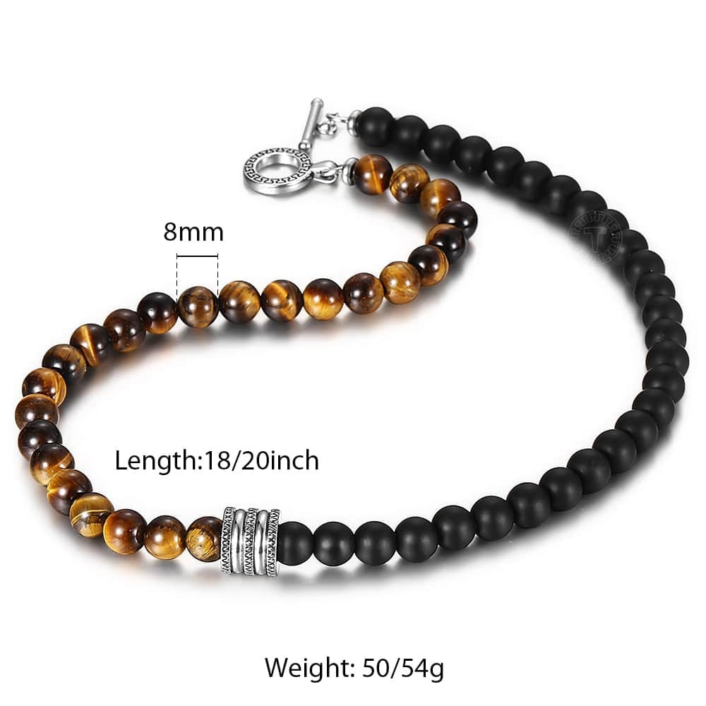 8mm Natural Stone Tiger Eyes Lava Bead Necklace Stainless Steel Beaded Charm Choker Neck Chain Fashion Male Jewelry 18/20inch