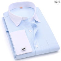 Men French Cufflinks Shirts White Collar Design Solid Color Jacquard Fabric Male Gentleman Dress Long Sleeves Shirt