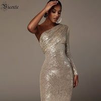 VC Free Shipping Sexy One Shoulder Dress Women Sparkle Glitzy Sequins Dress Mesh Patchwork Celebrity Christmas Party Vestidos