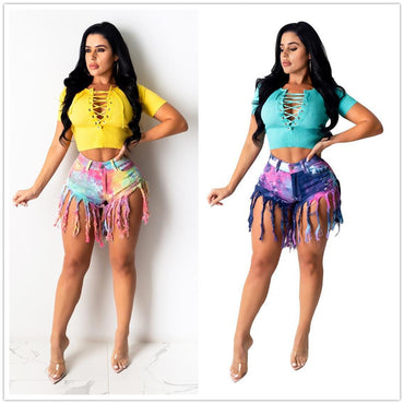 2022 New Clothing Summer Tie Dye Long Tassel Denim Shorts For Women