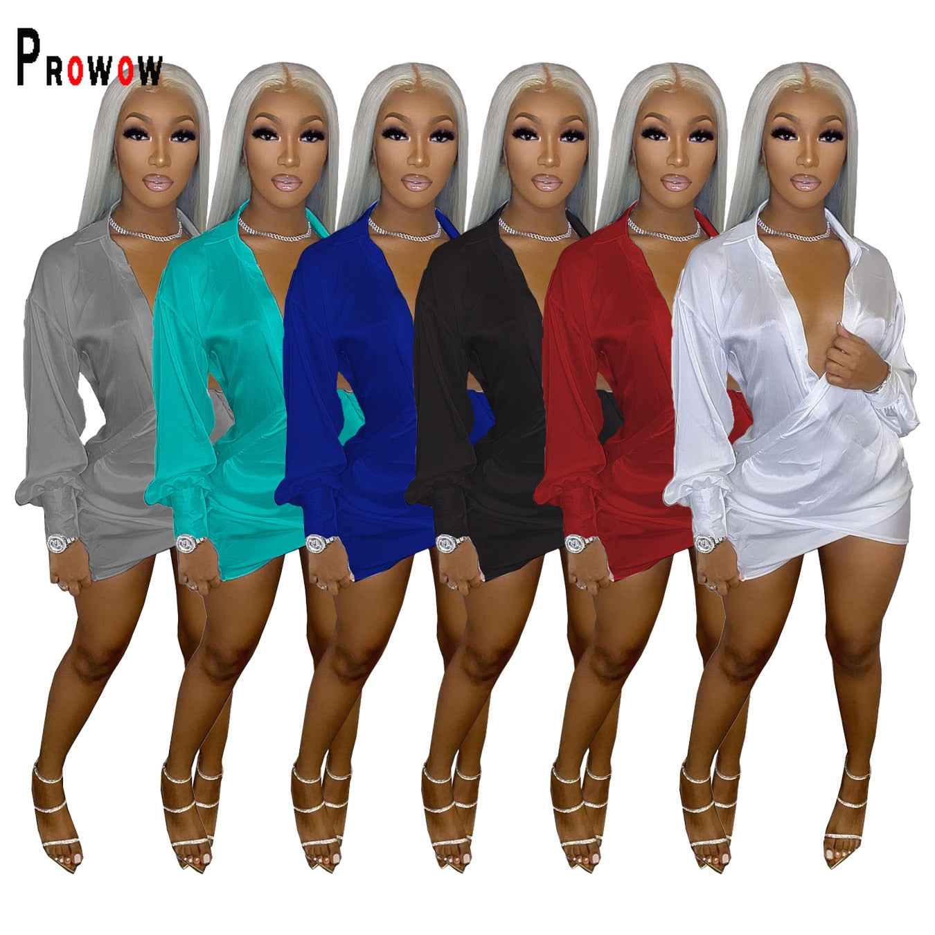 Prowow Sexy V-neck Women Dress Long Sleeve Solid Color Mini Dresses for Party Night Club 2022 New Spring Fall Female Outfits