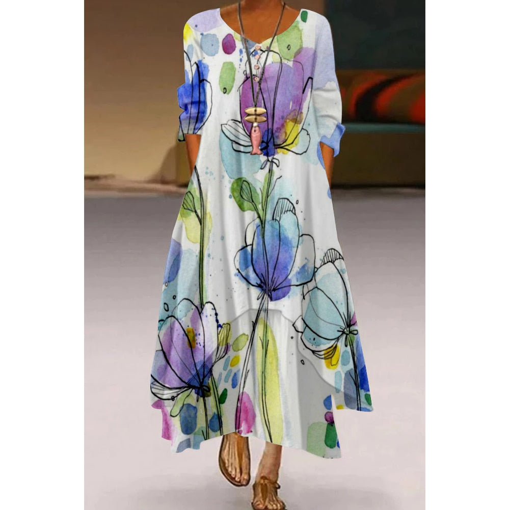 Floral Parrot Print Maxi Long Dress Women's Fashion Party Evening Dresses Sexy high Waist Robe Summer Long Sleeve Elegant Dress