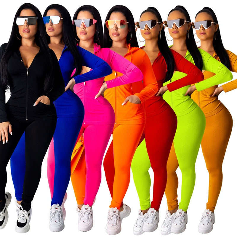 Fashion Hooded Two Piece Set Jogging Femme Zipper Top + Pants Suit Sportwear Tracksuit Women Outfits Solid 7 Color