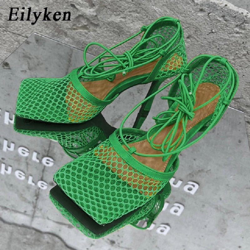 Eilyken Green Yellow Crystal Women Pumps Square Toe Fishnet Hollow Ankle Cross-Tied High Heel Rhinestone Sandals Lady Dress Shoe