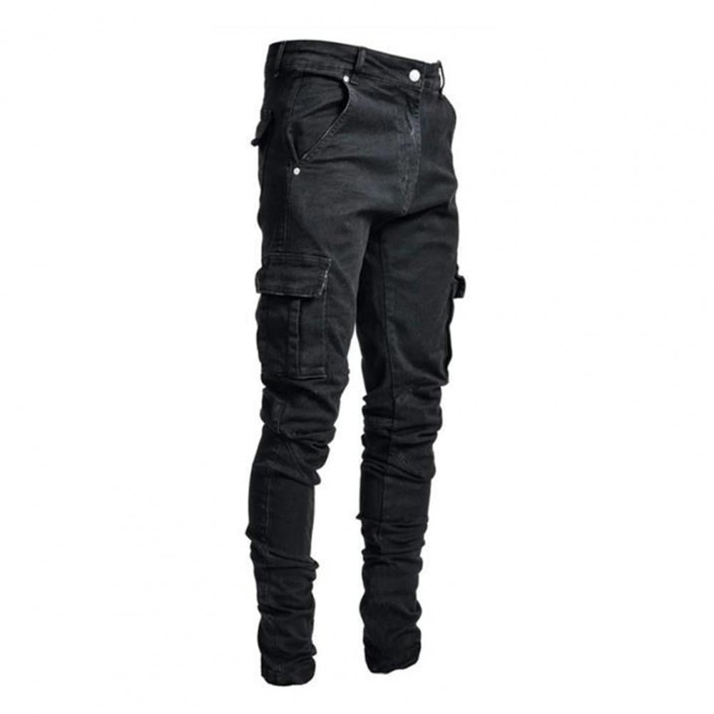 Summer Men Jeans Solid Color Multi Pockets Denim Mid Waist Stretchy Skinny Jeans Plus Size Fahsion Trousers Daily Wear