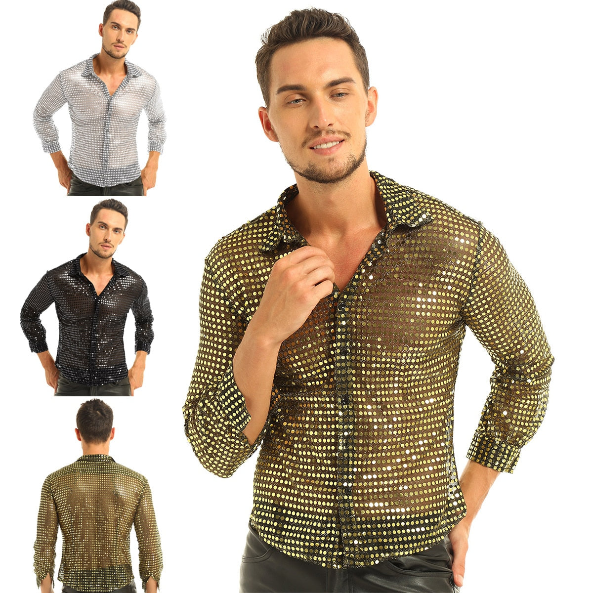 Mens Tuxedo Shirts Shiny Sequins See Through Mesh Long Sleeve Clubwear