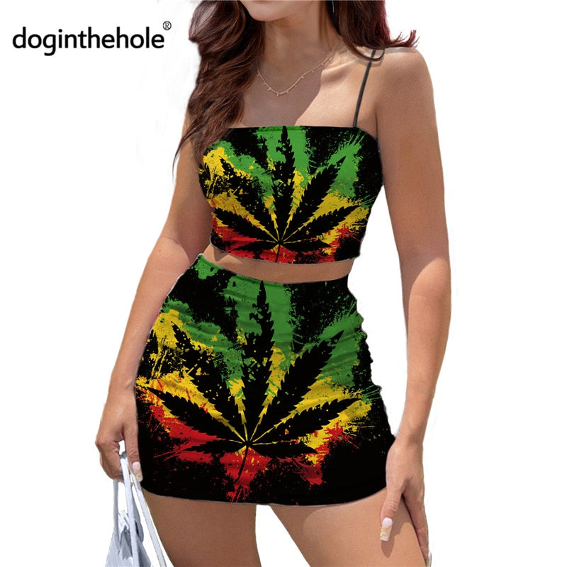 Women Sexy Bodycon 2 Piece Dress Sets Jamaica Leaf Printed New Trend Summer Reggae Style Crop Tops and Mini Skirt Outfits