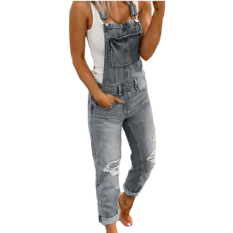 Women's Ripped Denim Jumpsuit Fashion Slouchy Loose Pocket Slim Solid Color Blue Strap Jeans Trousers Work Clothes