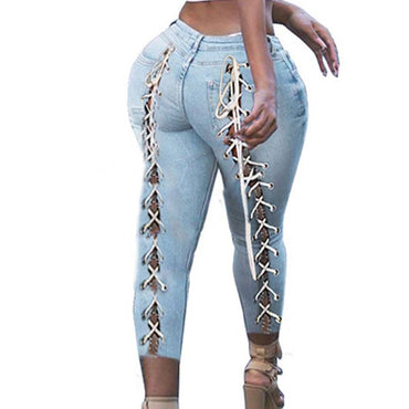 2023 Sexy New Plus Size Sexy Blue Hollow Denim Club Women's High Waist Denim Cropped Pants