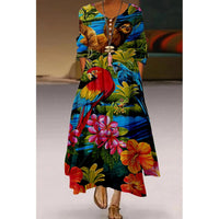 Floral Parrot Print Maxi Long Dress Women's Fashion Party Evening Dresses Sexy high Waist Robe Summer Long Sleeve Elegant Dress