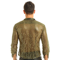 Mens Tuxedo Shirts Shiny Sequins See Through Mesh Long Sleeve Clubwear