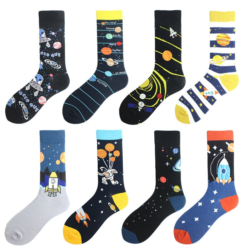 Happy Funny Unisex Painting UFO Astronaut Outer Space Rocket Star War Men Crew Socks Streetwear Cotton Male Skateboard Dress