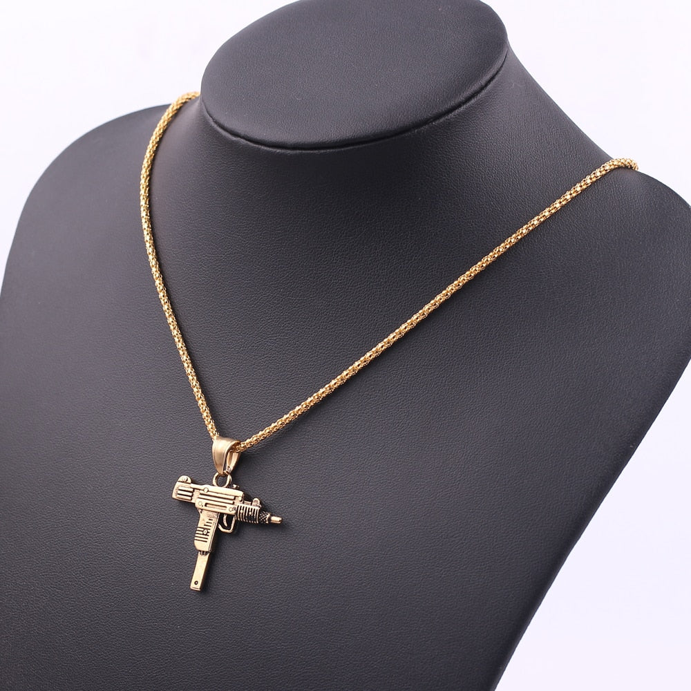 Cool Gothic Hip Hop UZI Kolye GUN Shape Pendant Necklace Gold Black Silver Color Army Style Male Chain Men Necklaces  Jewelry