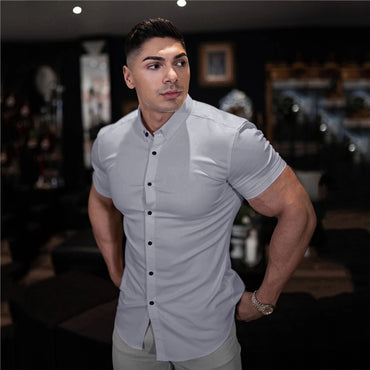 Men Fashion Casual Short Sleeve Solid Shirt Super Slim Fit Social Business Dress