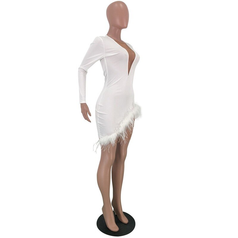 Sexy Women Spring Winter Mini Dress 2020 V-Neck Mesh Feather Patchwork Sexy Night Club