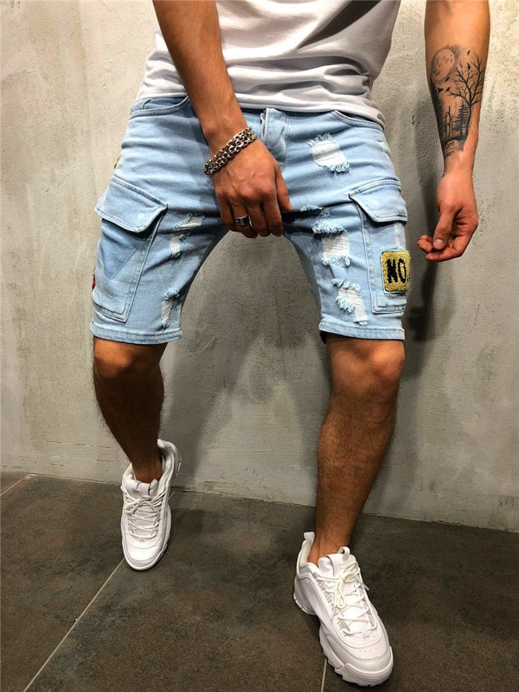 Summer New Men&#39;s Stretch Straight Short Jeans Fashion Casual Slim Fit High Quality Elastic Badge Pockets Hole Denim Shorts Male