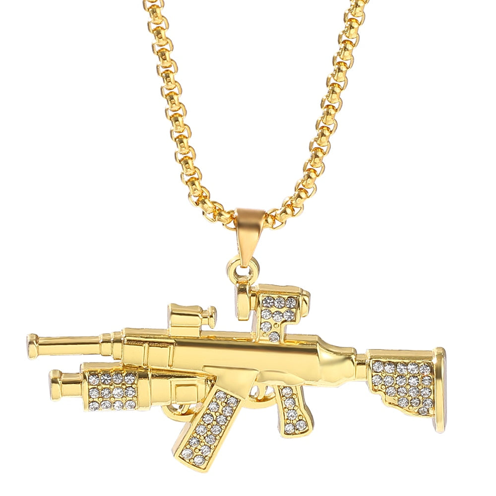 Cool Gothic Hip Hop UZI Kolye GUN Shape Pendant Necklace Gold Black Silver Color Army Style Male Chain Men Necklaces  Jewelry