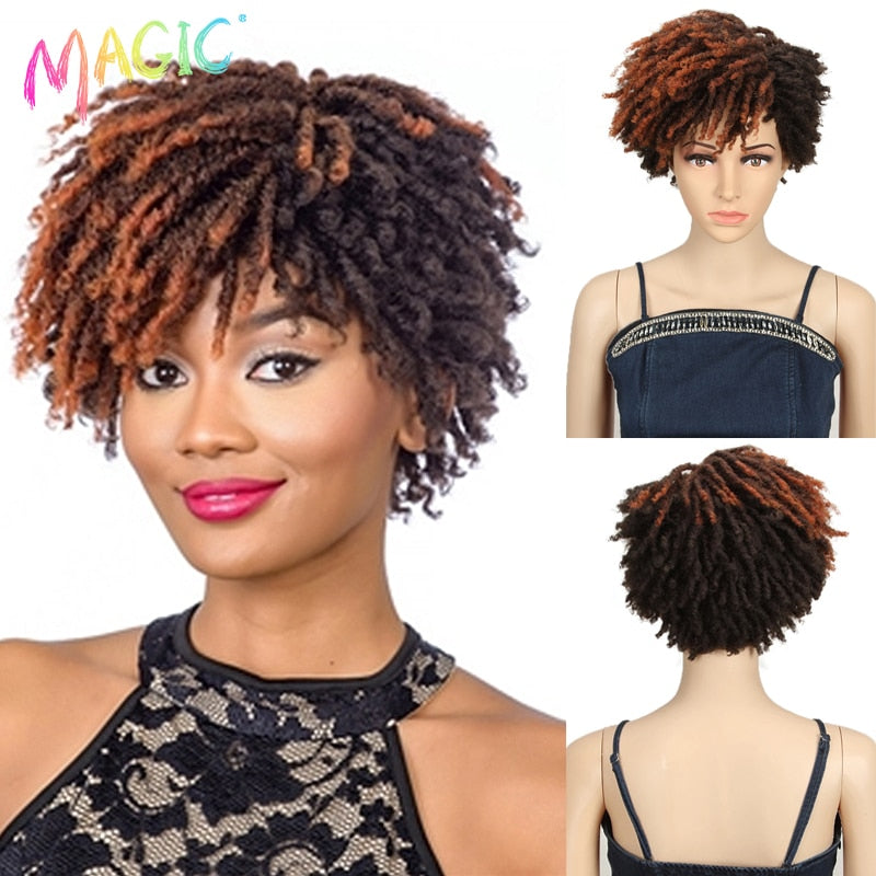 Magic 10 Inches Synthetic  Afro Kinky Curly Wig Short Dreadlock Wig With Bangs Ombre Black Blonde  Crochet  Wig for Black Women