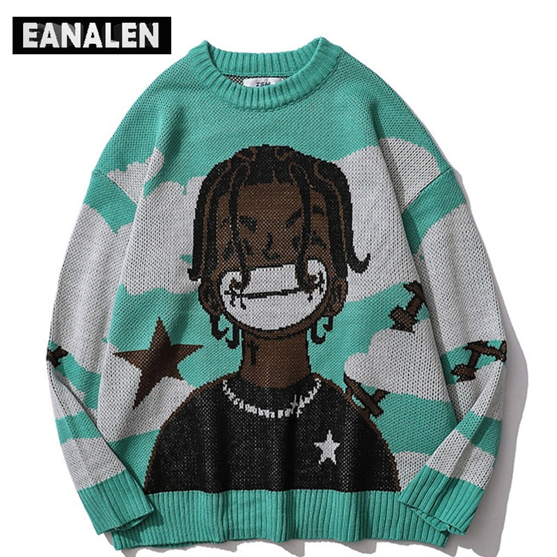 Harajuku vintage cartoon anime knitted sweater men winter oversized men&#39;s rock hip hop rap pullover women jumper ugly sweater